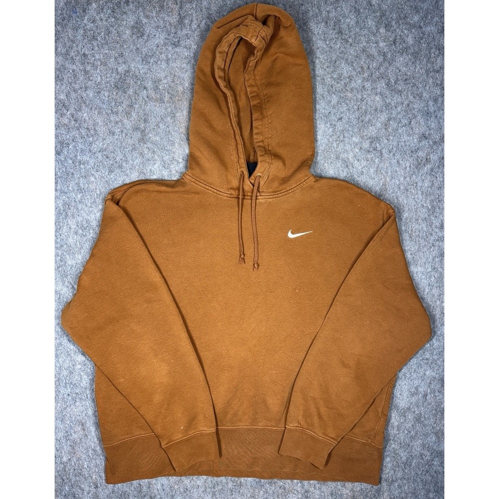 Nike Small Swoosh Hoodie Yellow Brown Vintage Y2K Pullover Sweatshirt Men's L